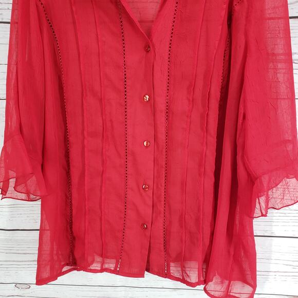 Maggie Barnes Red Sheer Ruffle Sleeve Pleated Light Textured Top Size 2X - Picture 5 of 13